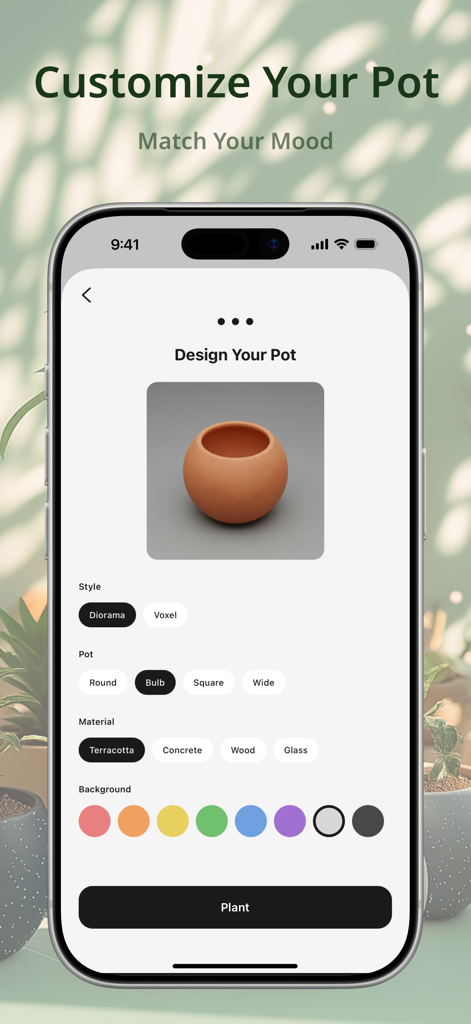 PixelPot: Step Tracker Garden - Écran de l'application PixelPot pour personnaliser un pot de plante virtuelle avec des options de style, de matériau, de forme et de couleur d'arrière-plan