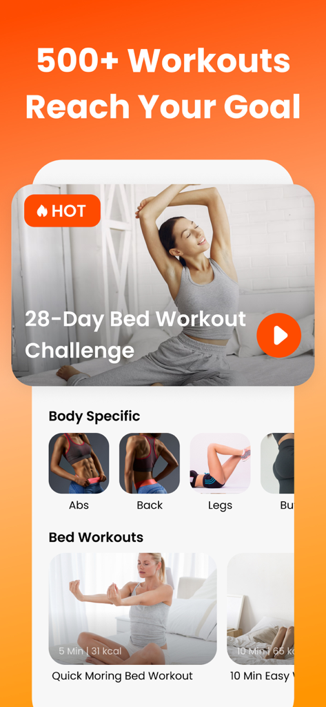EasyFit - Female Workout - EasyFit app interface showing a 28-day bed workout challenge and body-specific categories like abs, back, and legs.