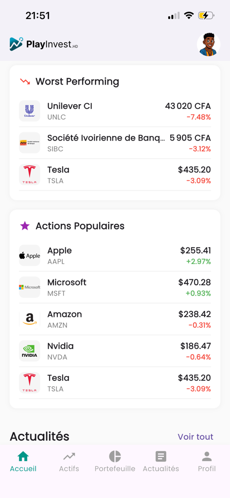 PlayInvest.HD - Dashboard of PlayInvest.HD app showing global and African stock market performance