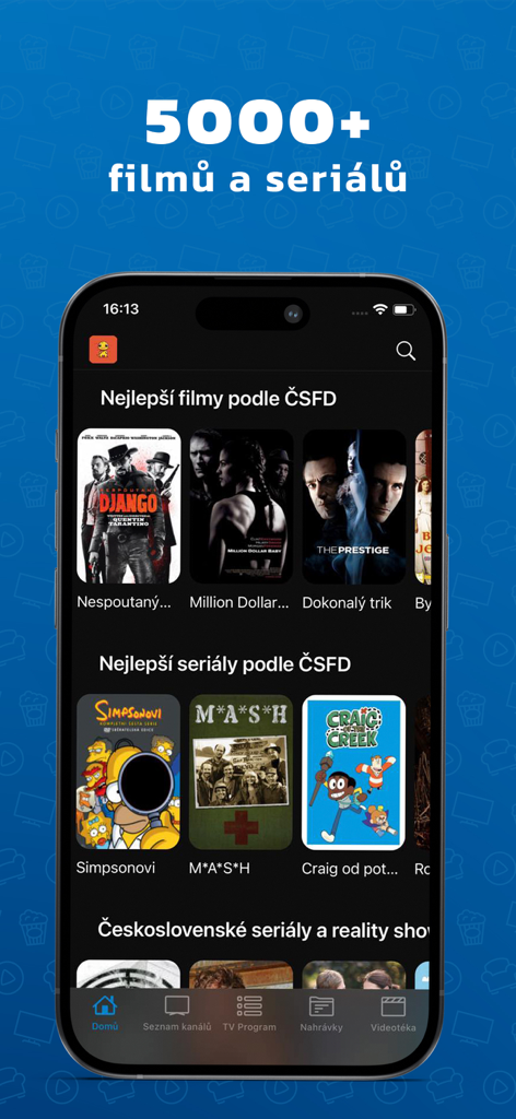 SledovaniTV - SledovaniTV mobile app interface showing a library of over 5000 movies and series with categories based on CSFD ratings.
