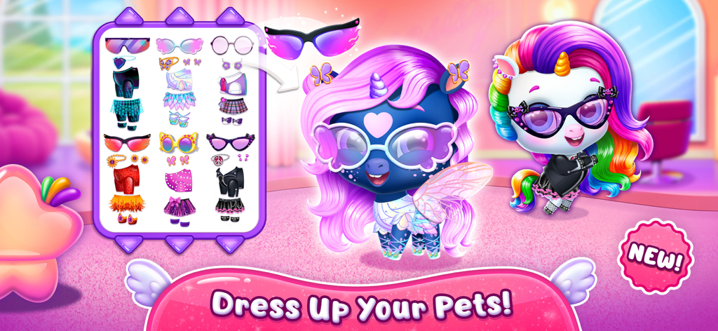 Kpopsies - My Unicorn Band - A virtual pet dress up screen in Kpopsies featuring cute unicorns and idol-style accessories.