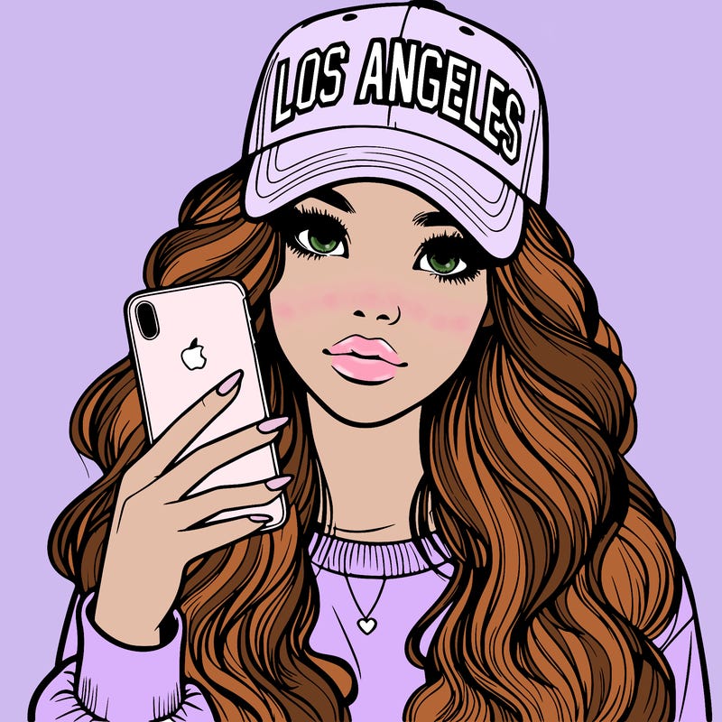 realistic beautiful girl wearing los ángeles cap holding an iphone
