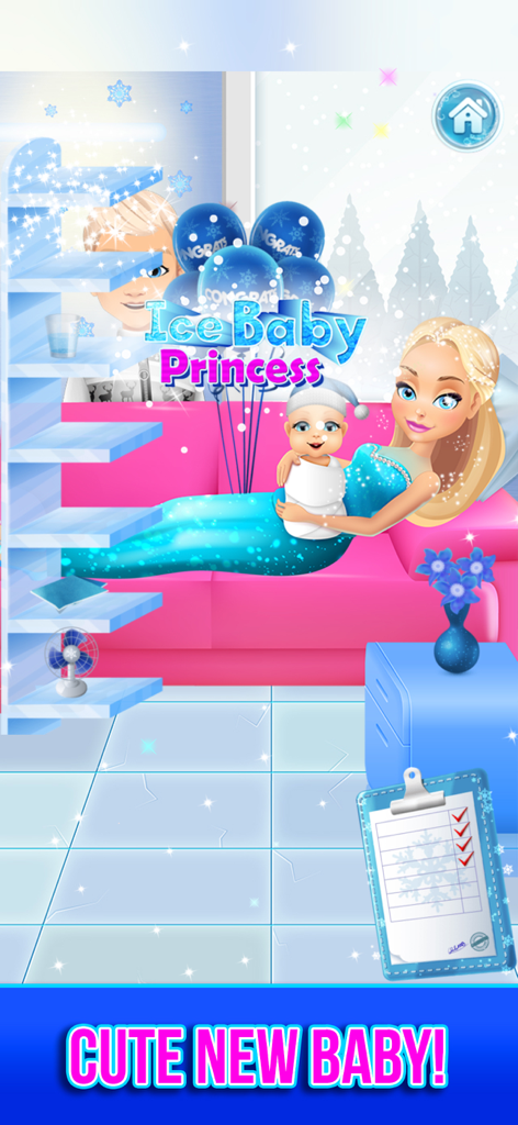 Ice Queen Mommy holding her newborn baby on a pink sofa