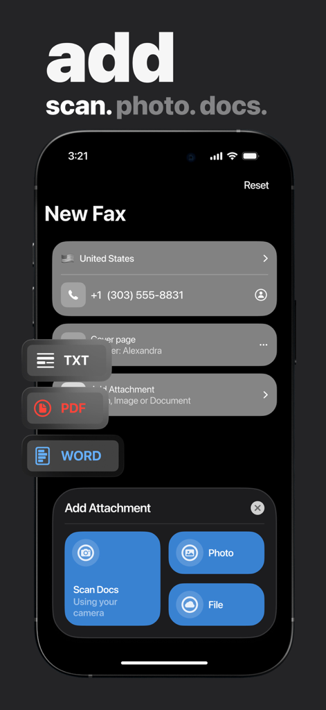 Interface of the mFax app showing options to add attachments via scan, photo, or file for a new fax