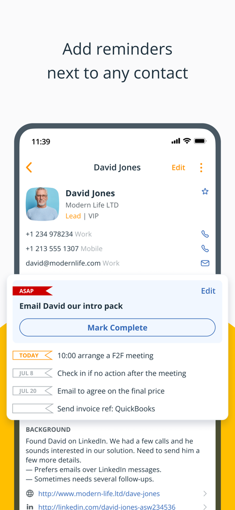 OnePageCRM - Simple CRM System - OnePageCRM mobile view displaying a contact profile with scheduled follow up tasks and reminders