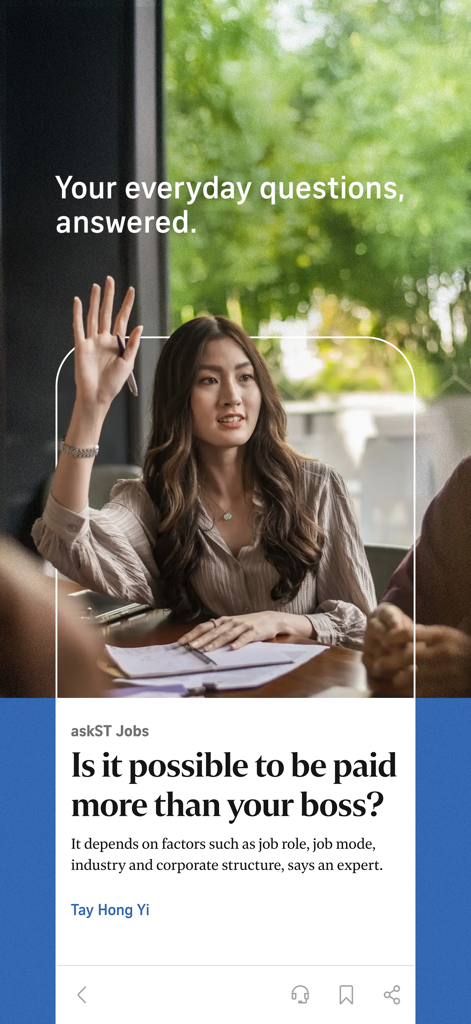 The Straits Times - The Straits Times app interface showcasing a career advice article from the askST Jobs section.