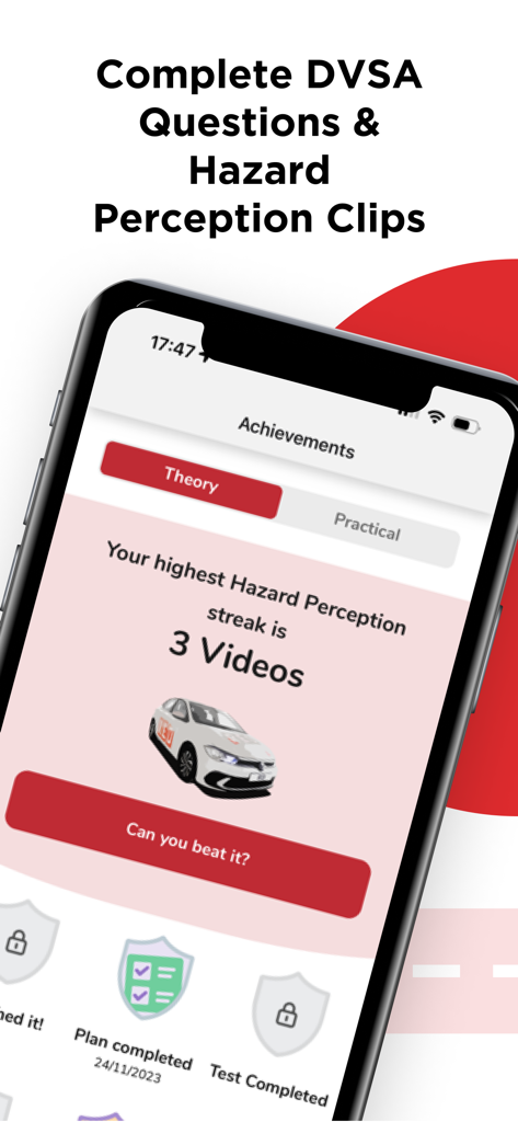 Learn to Drive with RED - RED driving app achievements screen showing hazard perception streak and DVSA theory test progress