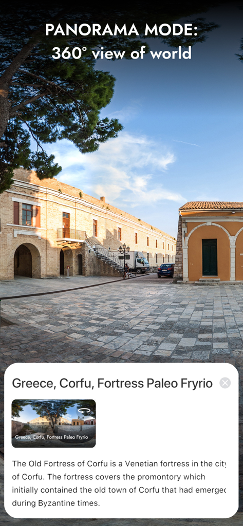 Globe 3D - Planet Earth Guide - Una vista panoramica a 360 gradi della Fortezza Vecchia di Corfù, Grecia, all'interno dell'app Globe 3D
