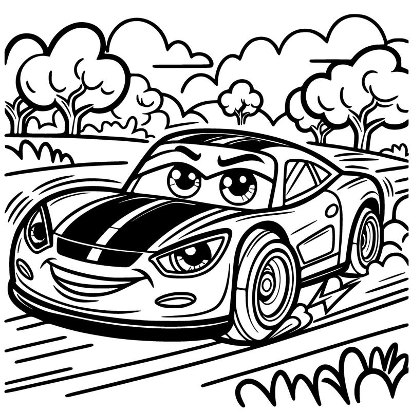 big print fast car with the eyes on and speeding on road in the field with trees