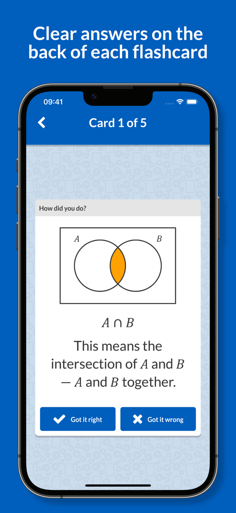 集合AとBの共通部分を説明するベン図を示した数学復習フラッシュカード