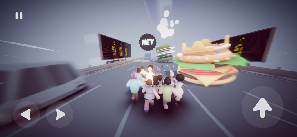 Populus Run - Una multitud de personajes corriendo por una autopista esquivando a un jefe de hamburguesa gigante en Populus Run.