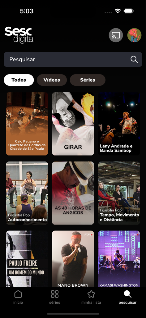 Sesc Digital - Search screen of Sesc Digital app displaying a variety of Brazilian cultural documentaries and performances