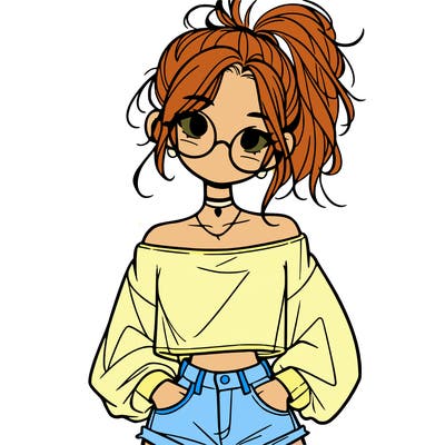 girl with a messy ponytail glasses a baggy crop top and jean shorts