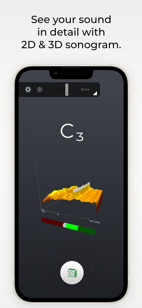 n-Track Tuner - La aplicación n-Track Tuner muestra una visualización 3D de sonograma de un espectro de frecuencia de audio para la nota Do3