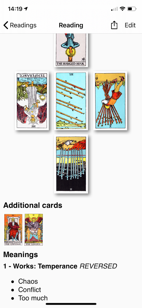 Tarot Journal interface showing a custom card spread with detailed card meanings and additional cards.