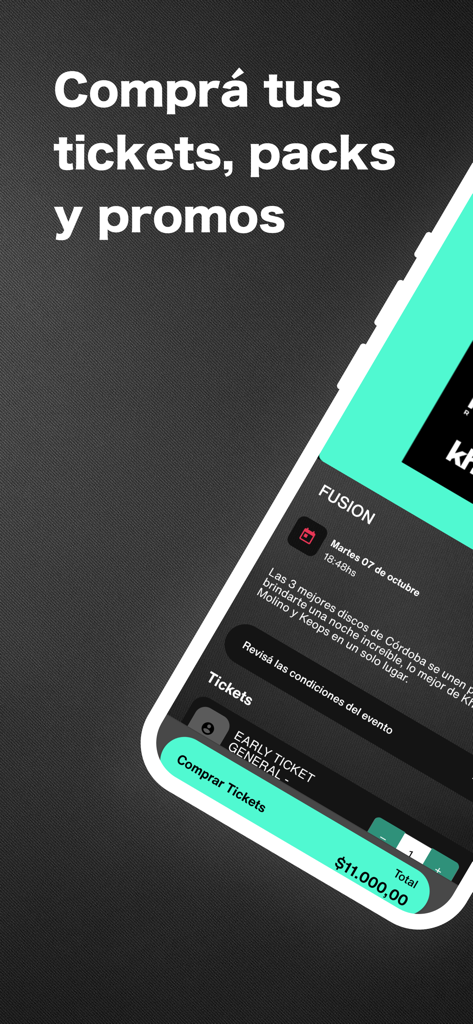 FUSION app screen for buying event tickets and promotion packs