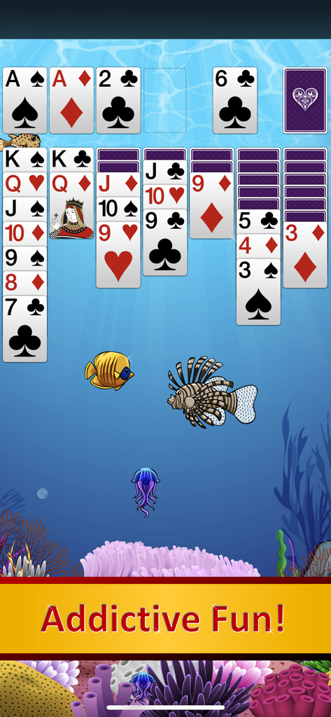 Solebon Solitaire - 50 Games - Solebon Solitaire card game screen featuring an underwater theme with fish and jellyfish