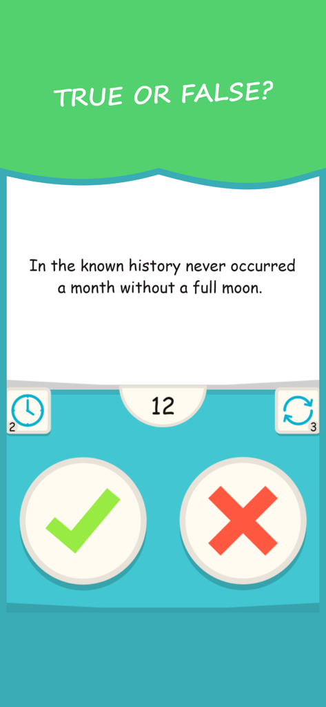 True or False? Trivia Quiz - Una pantalla de preguntas de trivia de la aplicación Verdadero o Falso con botones de selección verdadero y falso