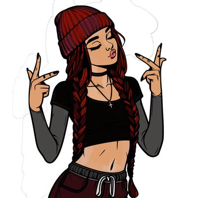 realistic teenage girl with braids and a beanie and crop top doing 🫶🏼