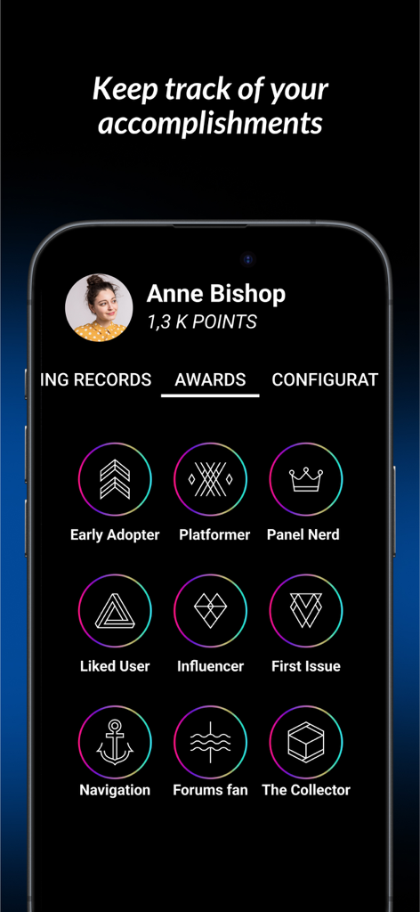 Learning Cloud LMS - Benutzerprofilseite, die erworbene Auszeichnungsabzeichen und Punktzahlen in der Learning Cloud LMS App anzeigt