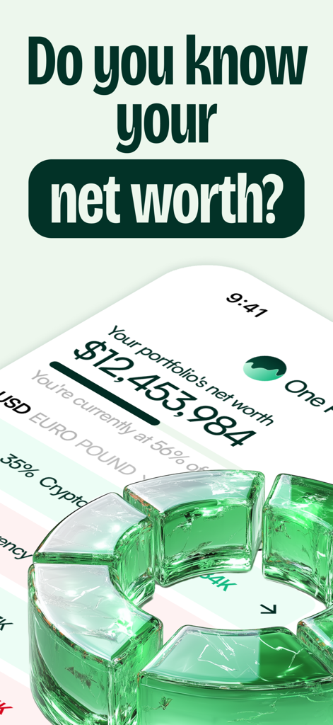 One: Portfolio & Stock Tracker - A mobile app interface displaying total portfolio net worth and a 3D green asset distribution chart
