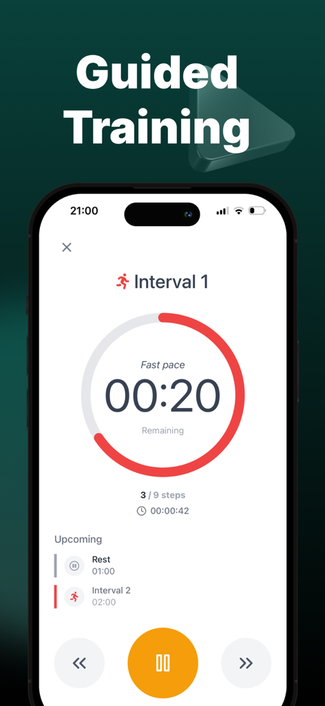 Couch to 5K Run: Running Plans - Interfaz de la aplicación Couch to 5K Run que muestra una sesión de entrenamiento de intervalos guiada con un temporizador de cuenta regresiva para un segmento de ritmo rápido.