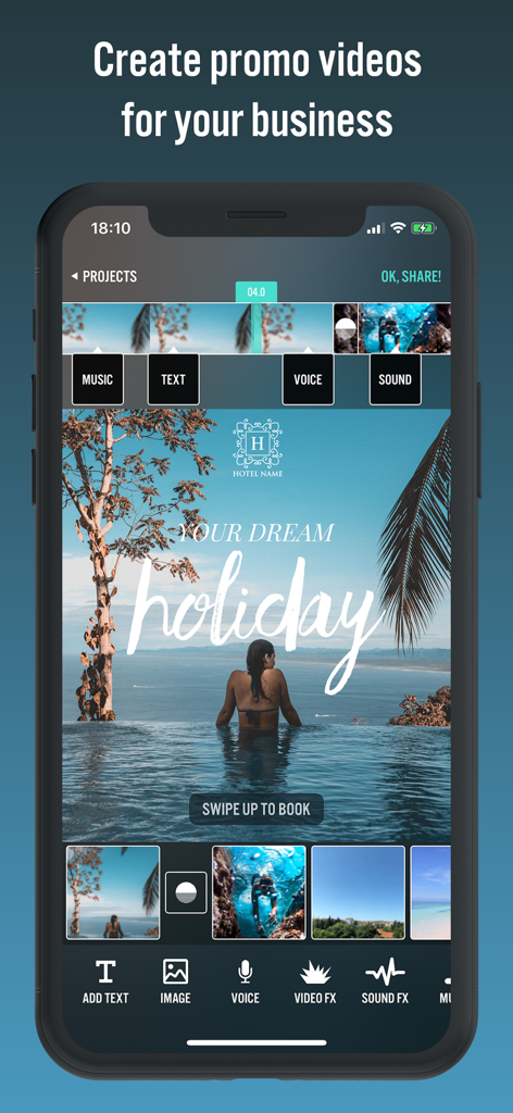 Videorama Text & Video Editor - Videorama mobile app interface showing the creation of a professional promotional video for a travel business