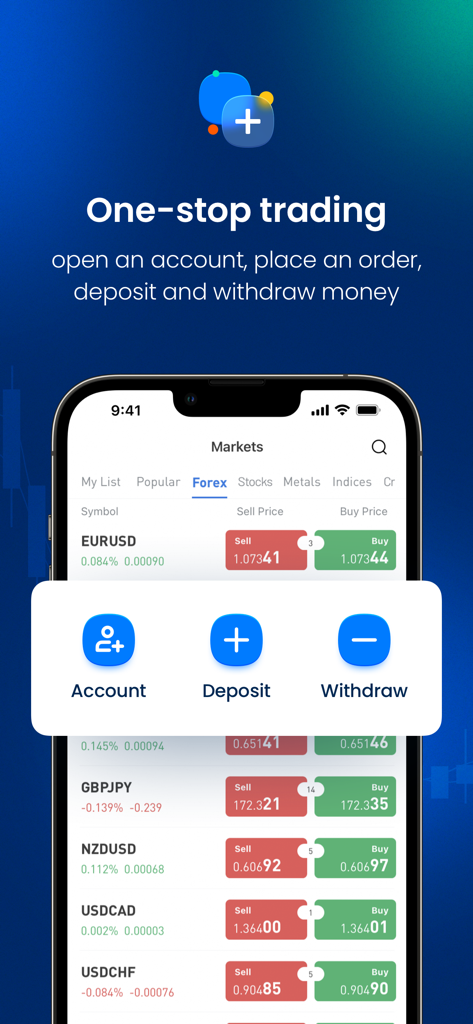 BtcDana mobile app interface showing forex markets with account deposit and withdrawal options