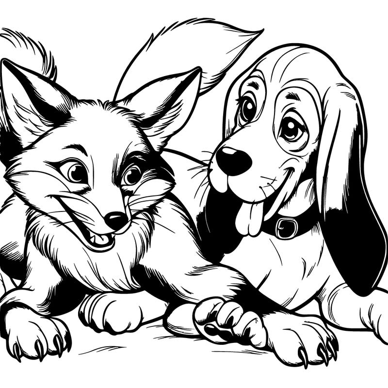 a fox and a hound dog playing together realistic