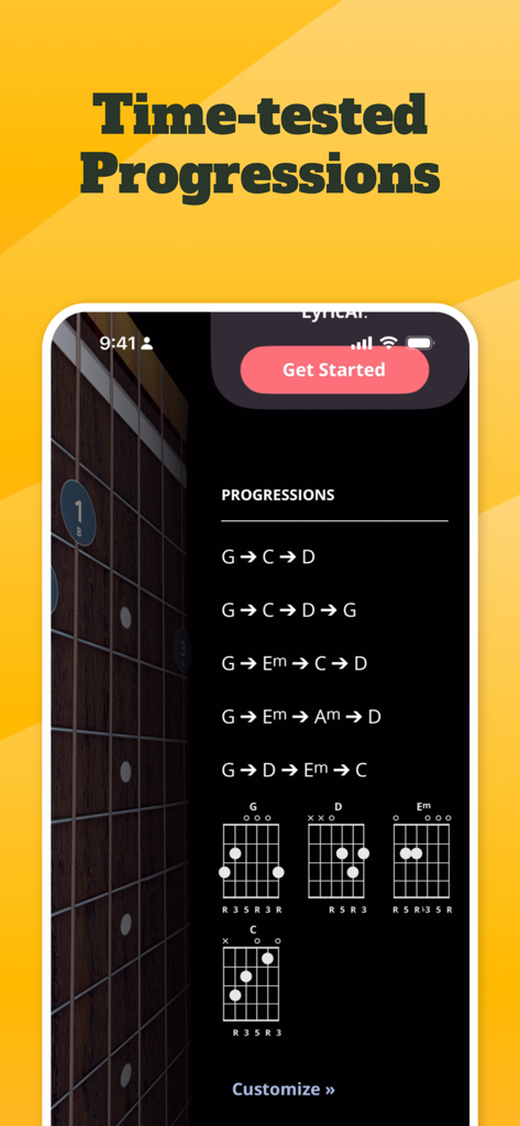 Una lista de progresiones de acordes de guitarra probadas en el tiempo y diagramas de posición de dedos en la aplicación ChordBank.