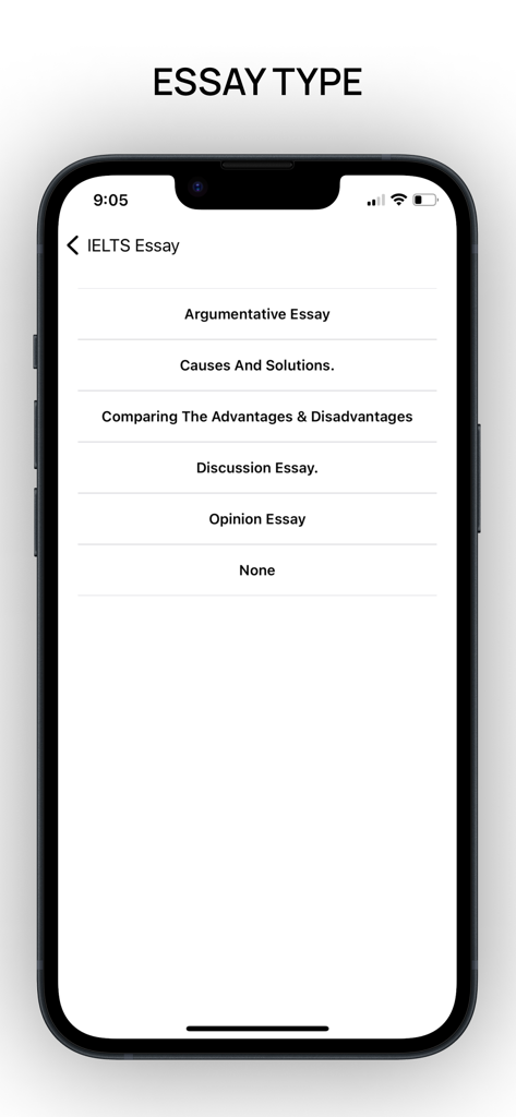 주장 에세이 및 의견 에세이를 포함한 IELTS 에세이 유형 목록을 표시하는 화면