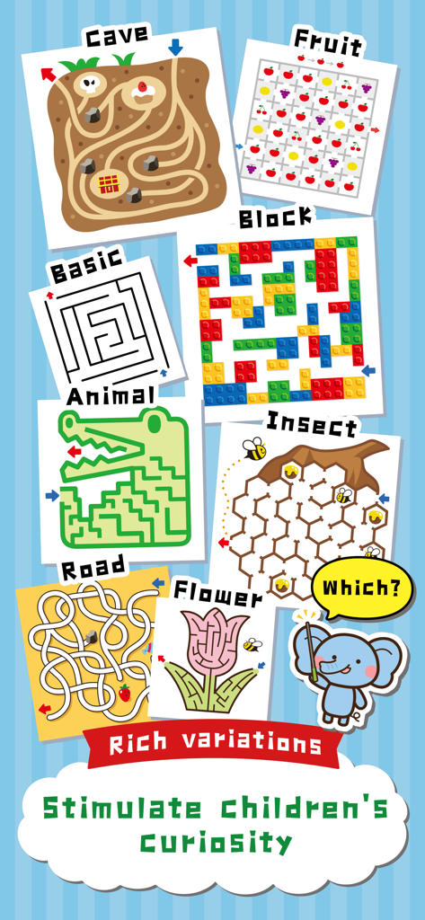 Maze Games - 動物、果物、ブロックのパターンなど、子供向けのテーマ別迷路のセレクション