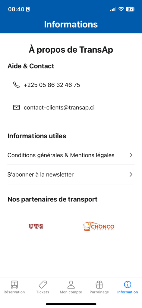 Transap - Tela de informações do aplicativo Transap mostrando detalhes de suporte de contato e parceiros de transporte