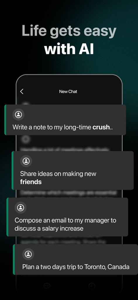 Interfaz del chatbot de IA de Ask Assist mostrando tareas predefinidas para la vida profesional y personal.