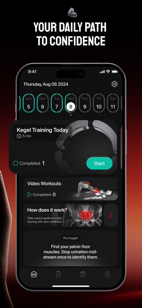 Kegel Men Exercises | KegelX - Dashboard der KegelX App mit einem täglichen Trainingsplan und wöchentlichen Fortschritten für Beckenbodenübungen für Männer