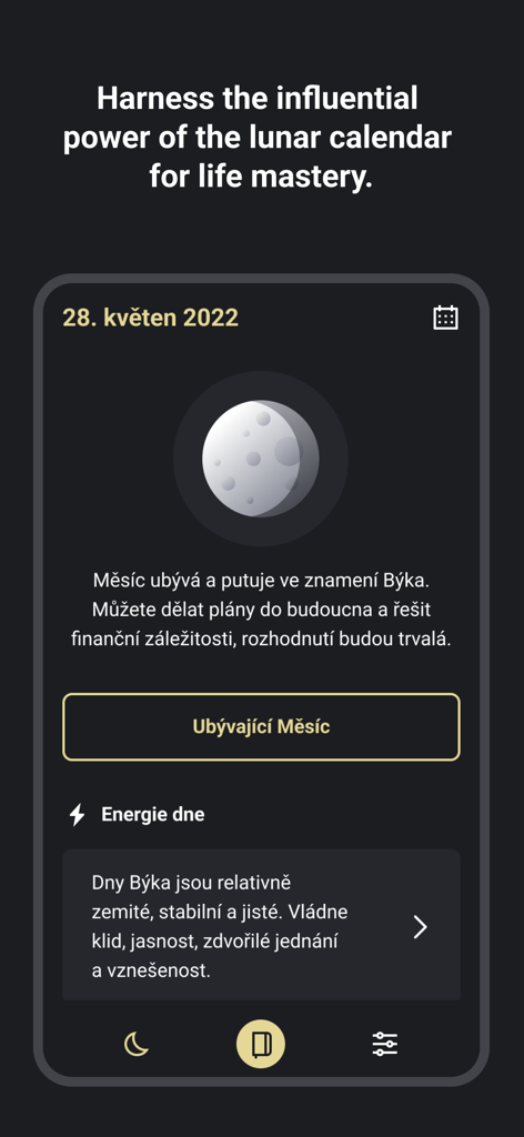 Lunarium: Diary & Calendar - 황소자리에 있는 하현달 위상을 보여주고 삶의 마스터를 위한 일일 에너지 지침을 제공하는 Lunarium 앱 스크린샷.