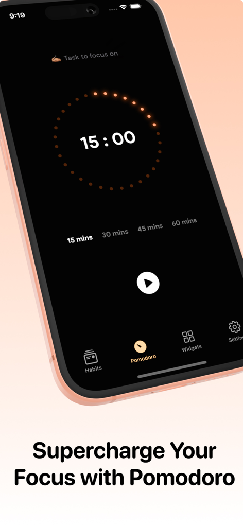 Goal Tracker - Rise - A minimalist Pomodoro timer interface in the Goal Tracker Rise app designed for focused productivity.