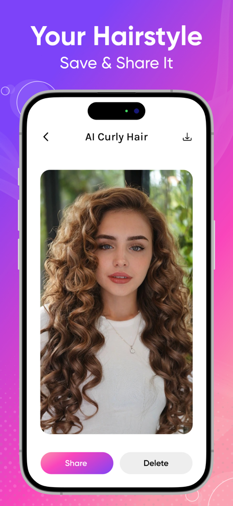 AI Hair Changer - Color Change - Interfaz de la aplicación móvil AI Hair Changer mostrando a una mujer con cabello largo y rizado castaño generado y opciones para guardar o compartir el resultado