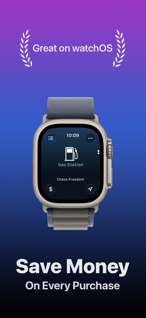 CardPointers app on Apple Watch recommending Chase Freedom for gas station rewards
