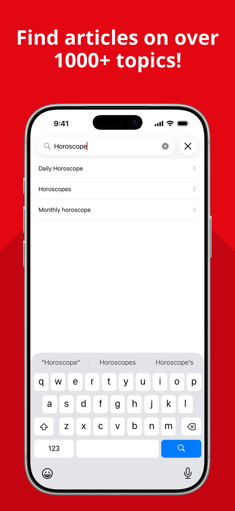 TAG24 NEWS - TAG24 NEWS app search screen showing topic suggestions for horoscope