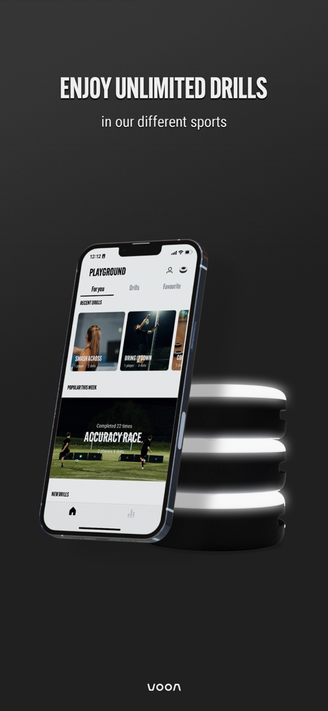 Voon Sports - iPhone displaying the Voon Sports app playground with various soccer training drills and glowing reaction lights