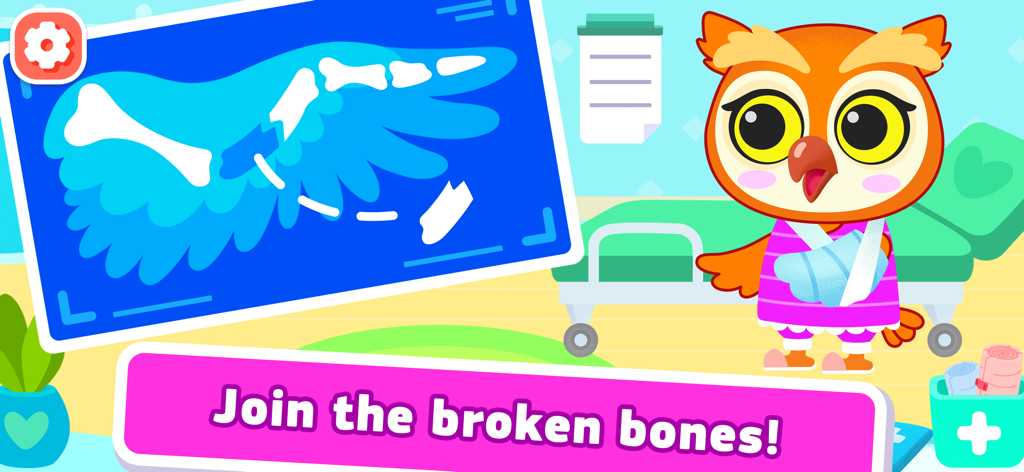 Pet Hospital games. Vet doctor - Búho de dibujos animados en una clínica veterinaria con un ala rota y una radiografía que muestra huesos fracturados