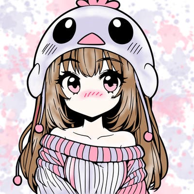anime girl with chick shaped hat with sweater with bare shoulders with bangs covering them one eye with low tail
