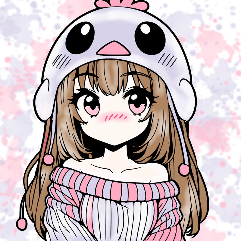 anime girl with chick shaped hat with sweater with bare shoulders with bangs covering them one eye with low tail