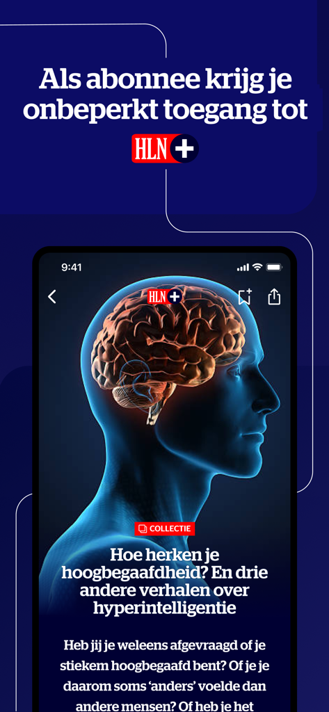 Pantalla promocional de HLN plus que muestra un artículo sobre altas capacidades con una ilustración de un cerebro