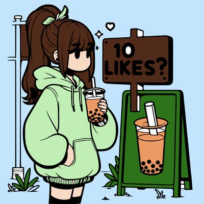 girl with oversized hoodie drinking boba and she has a high ponytail with a sign that says 10likes?