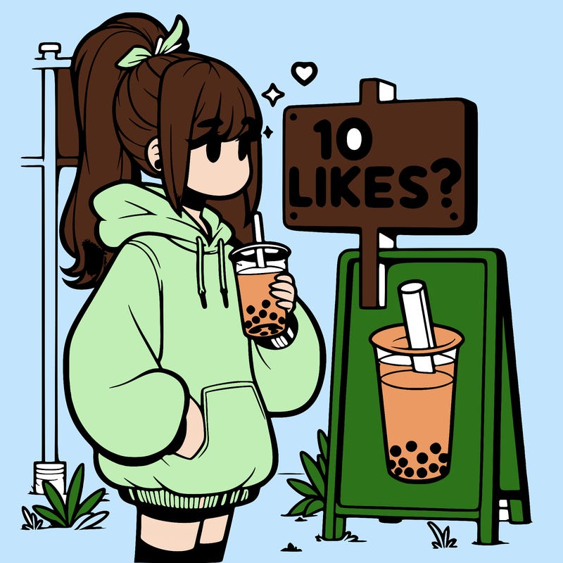 girl with oversized hoodie drinking boba and she has a high ponytail with a sign that says 10likes?