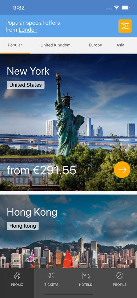City Travel app showing discounted flight deals to New York and Hong Kong