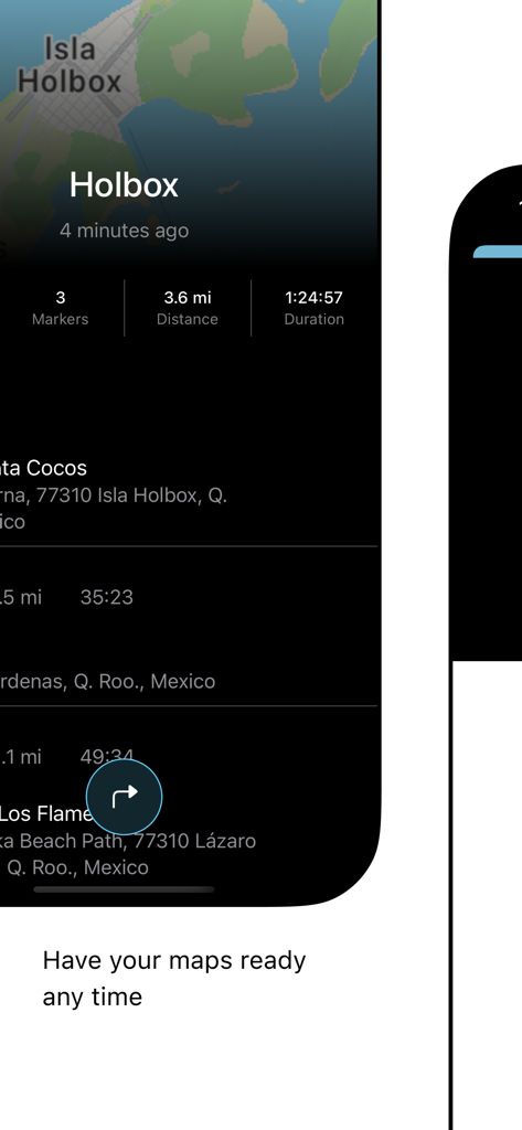 Screenshot der Offline Maps App zeigt Routendetails und Markierungen für Isla Holbox