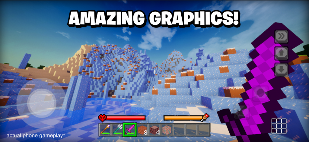 Build World: Sandbox Survival - Gameplay of Build World showing a character holding a purple sword in a snowy block environment